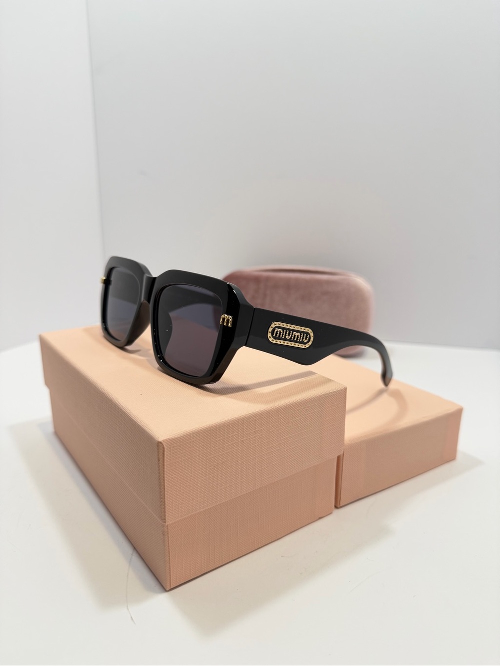 Miu Miu Black Oversized Square Sunglasses with Gold Logo